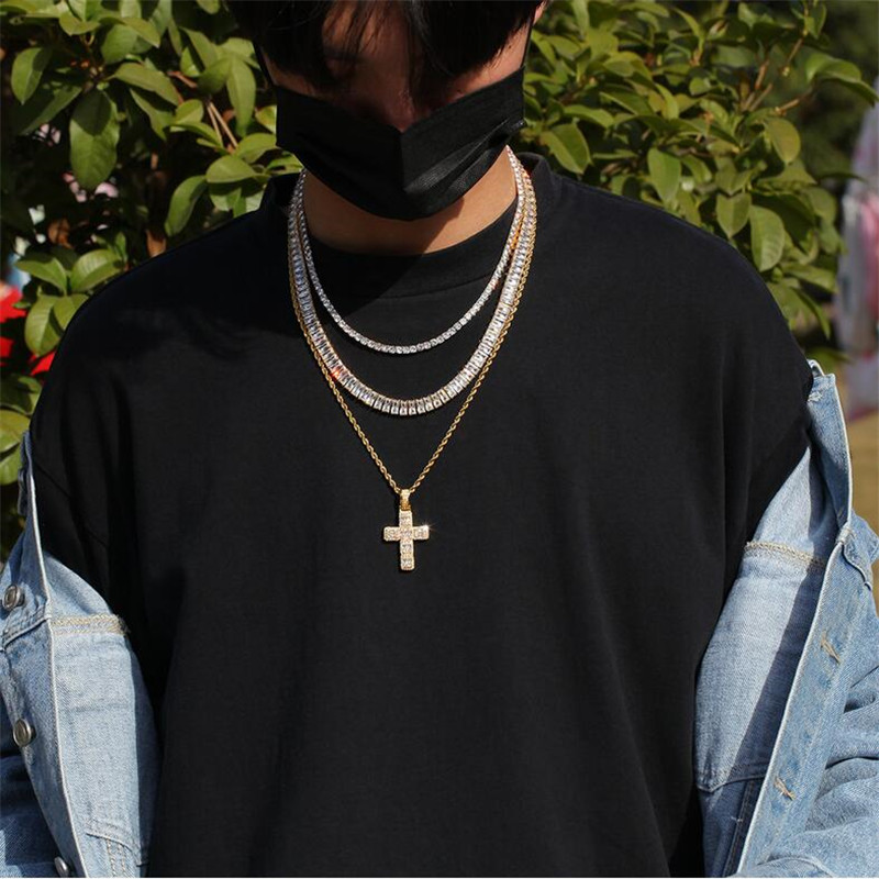 Hip Hop Cross Pendant Necklace for Men & Women 2024 Vintage Jewelry Gold Fill Stainless Steel Chain | Princess Cut White Topaz CZ Dia