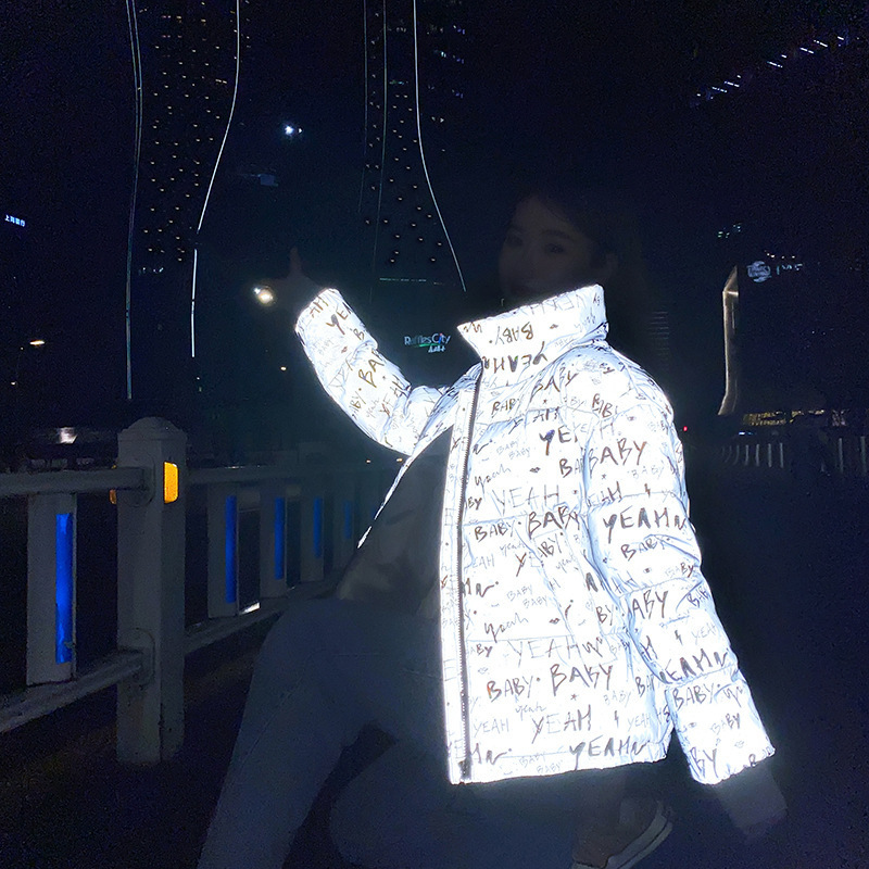 FORERUN Parka Jacket Women Winter Reflective Bubble Coat Standard Collar Letter Printed No Wash Cotton Padding Puffer Jackets 201130