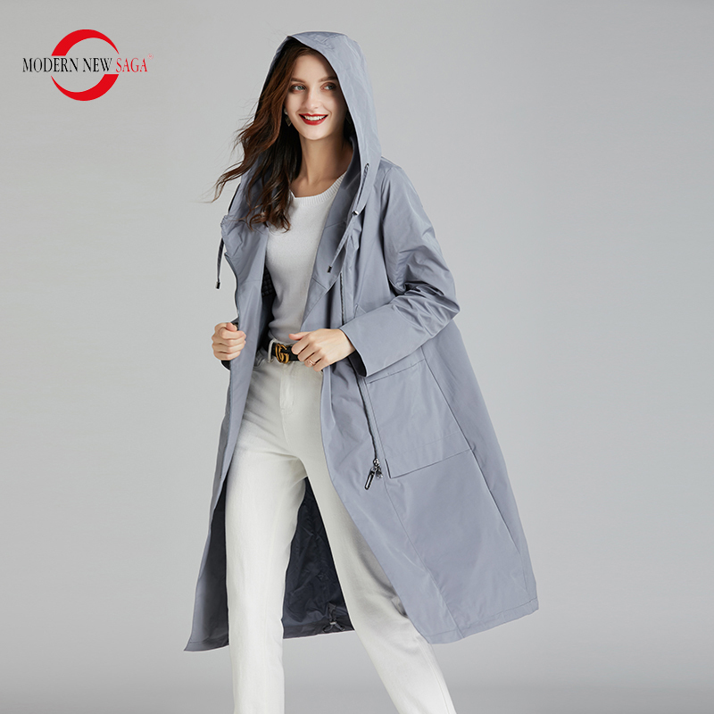 MODERN NEW SAGA Spring Women Trench Coat Fashion Long Coat Hooded Women Coats Autumn Casual Windbreaker Zipper Big Size 201102
