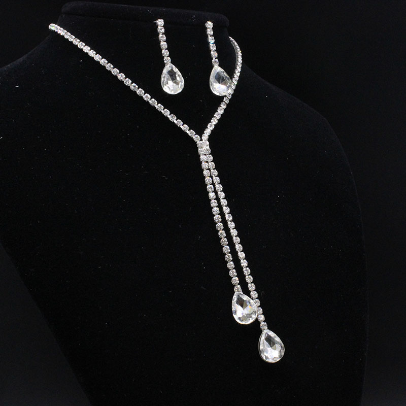 Shiny 925 Sterling Silver Plated Water Drop Necklace Earrings Jewelry Set Rhinestone CZ Crystal Jewellery Sets for Women Bridal Wedding Statement Jewe