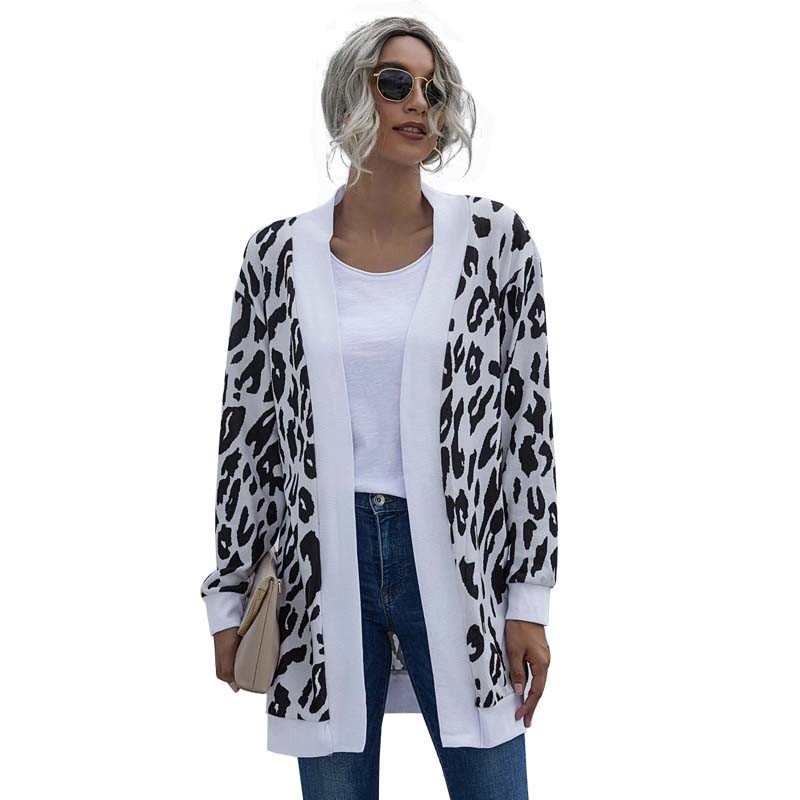 Autumn Winter Leopard Thin Knitted Cardigan Coat Women Long Sleeve Plus Size Fashion Vintage Cardigans Female Long Cardigan 201031