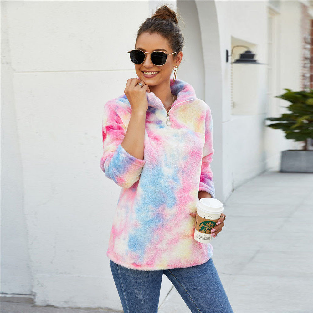 Sherpa Fleece Sweater Rainbow Gradient Fluffy Zipper Pullover Female Winter Warm Tops Chic Party Fluffy Teddy Fleece Sweaters 201222