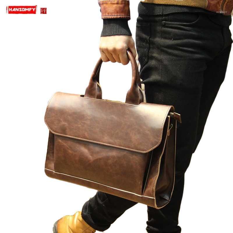 

Fashion 14" Genuine Leather Men's bag crazy horse leather Handbag Shoulder Messenger Bag Business Briefcase Laptop bags1, Brown