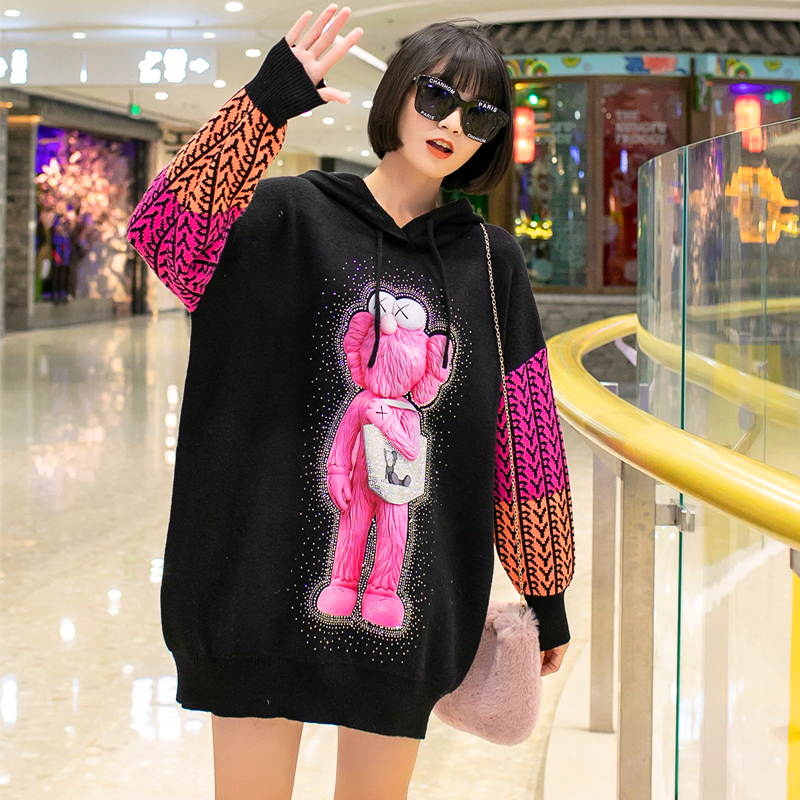 Vefadisa Diamond Cartoon Print Women Sweater Autumn Winter Thick Plus Size Patchwork Coat Hooded Pullover Knitted QYF4318 201223