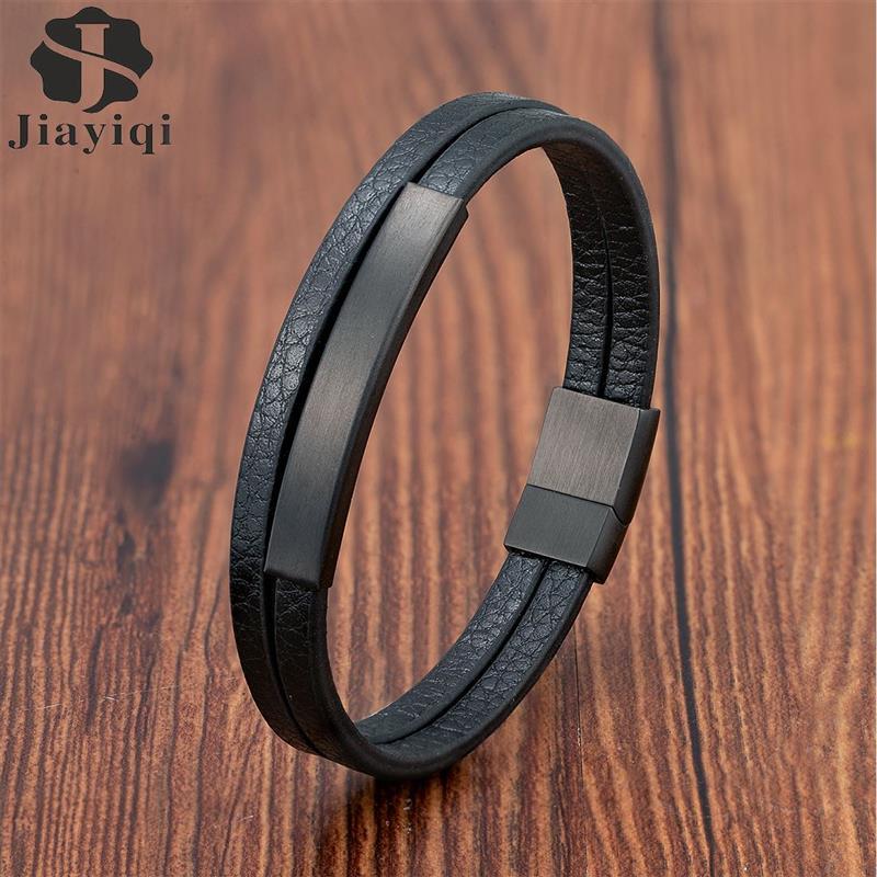 Charm Bracelets Simple Style Men's Black Genuine Leather Bracelet Classic Stainless Steel Insert Double-layer Braid Bangles For Men Friend G
Charm Bracelets Simple Style Men's Black Genuine Leather Bracelet Classic Stainless Steel Insert Double-layer Braid Bangles For Men Friend G