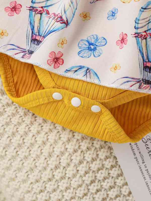 Baby Hot Air Balloon & Floral Print Bow Front Combo Bodysuit Dress With Headband SHE