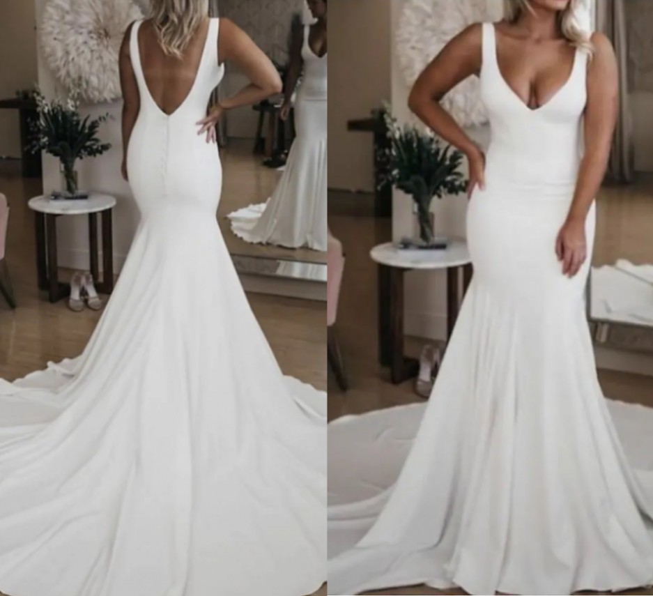 2022 Bridal Gown Mermaid Wedding Dresses V Neck Sweep Train Satin Simple Sexy Backless Plus Size Vestido De Noiva Robe De Mariage