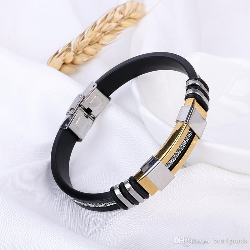 Mens Bracelets Black Stainless Steel Silicone Bracelets Charm Bracelet Male Bangle For Men Jewelry Silver & Rose Gold Color