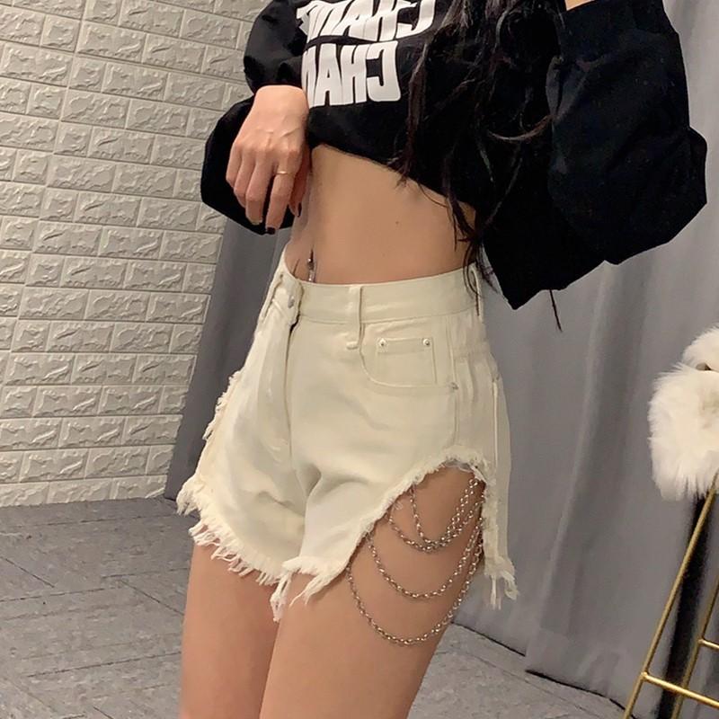 Autumn Hip-hop Metal High Waist Pocket Denim Shorts Women' Hollow Out Design Shorts, Black