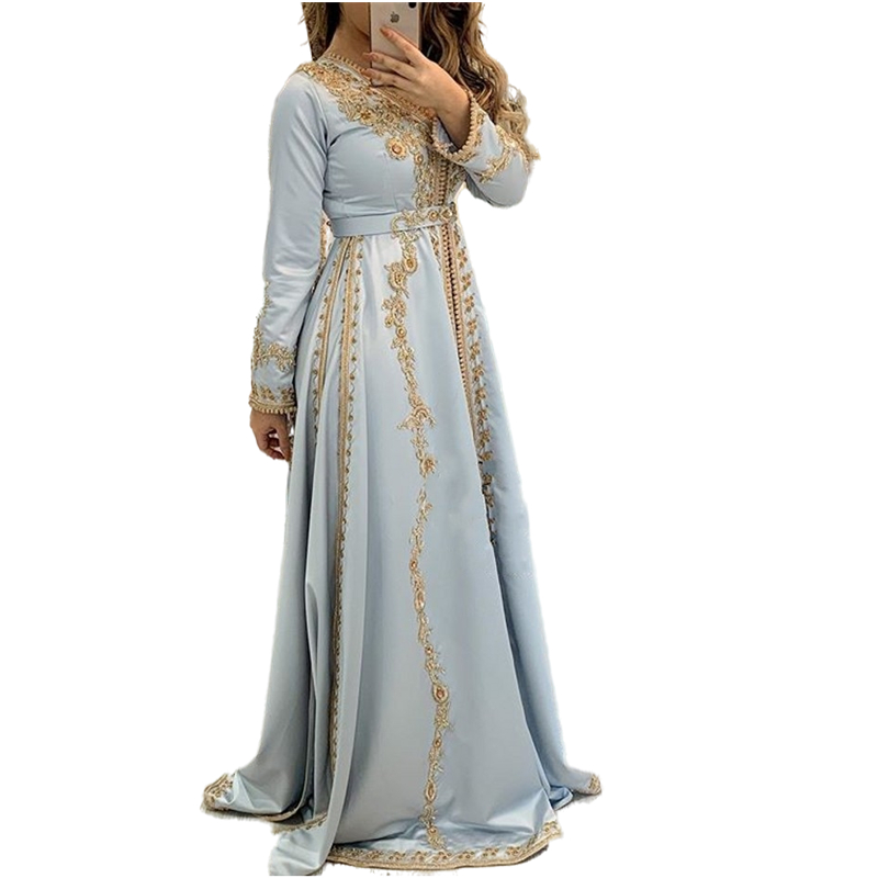 Elegant Kaftan elkadi Algerian Formal Evening Dresses A Line Split Front Gold Appliques Beaded Long Sleeves Moroccan Arabic Prom Party Gowns Abaya Cel