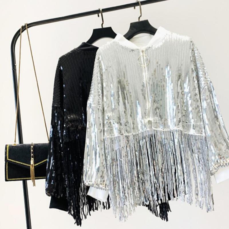 Spring Autumn New Heavy Sequins Tassel Long Sleeve Zipper Coat Jacket Women's Loose Bat Shirts Manteau Femme Kurtka Damska, Black
Spring Autumn New Heavy Sequins Tassel Long Sleeve Zipper Coat Jacket Women's Loose Bat Shirts Manteau Femme Kurtka Damska, Black