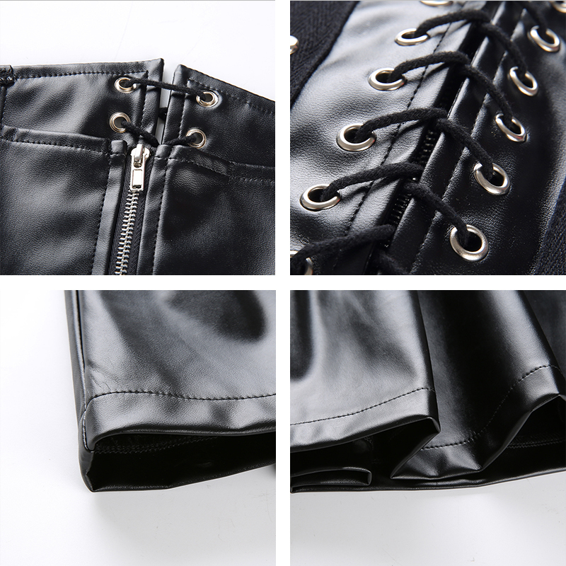 Rapwriter Fashion Adjustable High Waist Lace Up PU Pleated Skirt Women Goth Sexy Back Zipper Leather Mini Skirt Saias falda 201110
