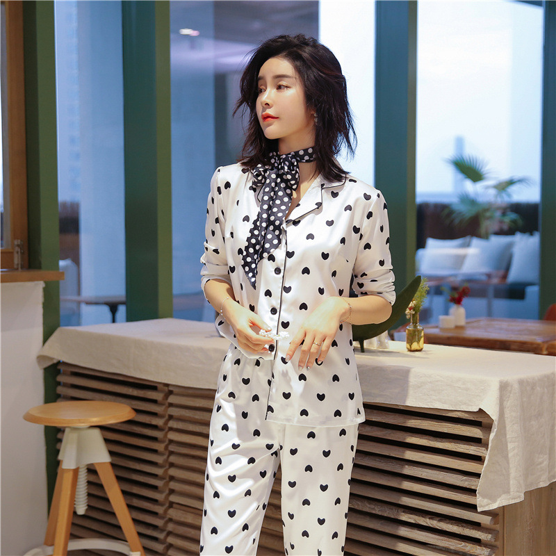 MECHCITIZ silk pajamas for women autumn spring pijamas set full length top and pants home suit white black sleepwear clothing 210203