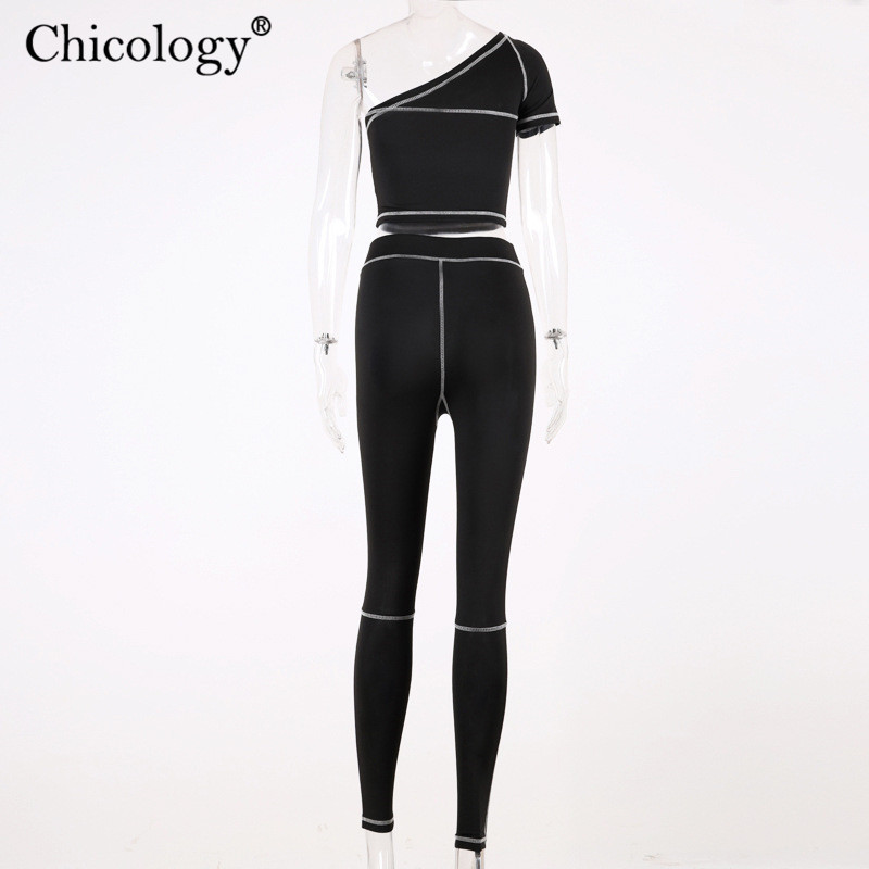 Chicology one shoulder crop top long pants leggings patchwork line female 2 two piece matching set 2019 summer sexy women outfit T200603