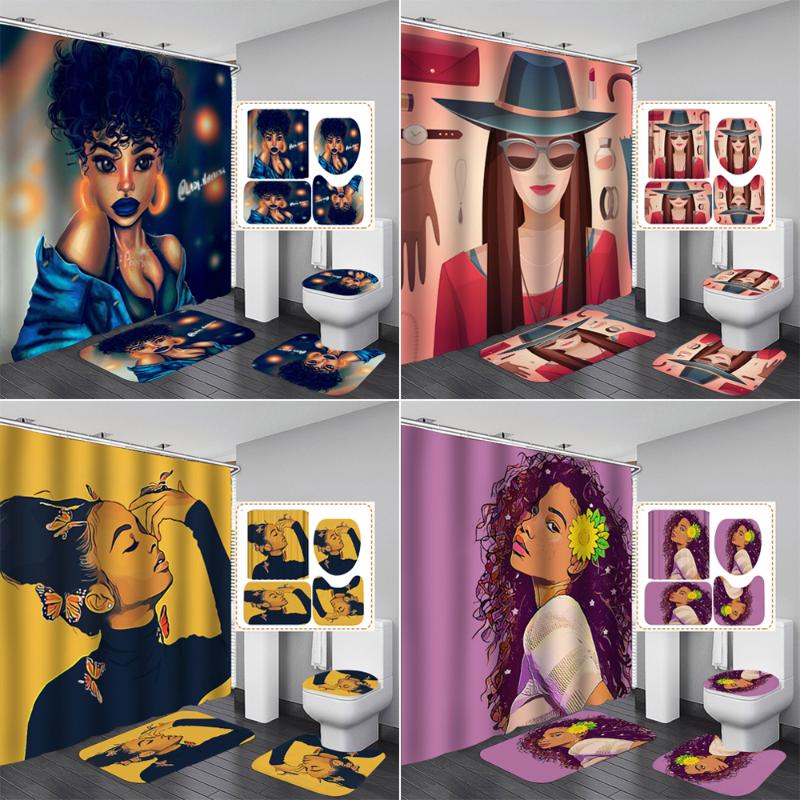 

Sexy Curls Girl Lady African Shower Curtain Africa American Waterproof Bathroom Curtains Toilet Cover Mat Non-Slip Bath Rug Set