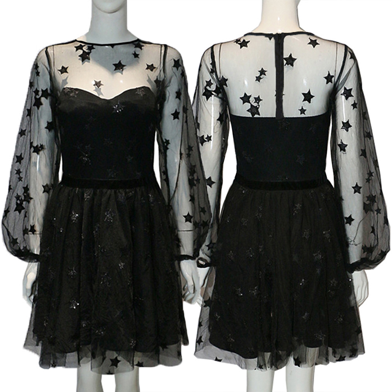 Women Sequin Star Print Tulle Dress Ladies Mesh See-Through Tail Party T200320