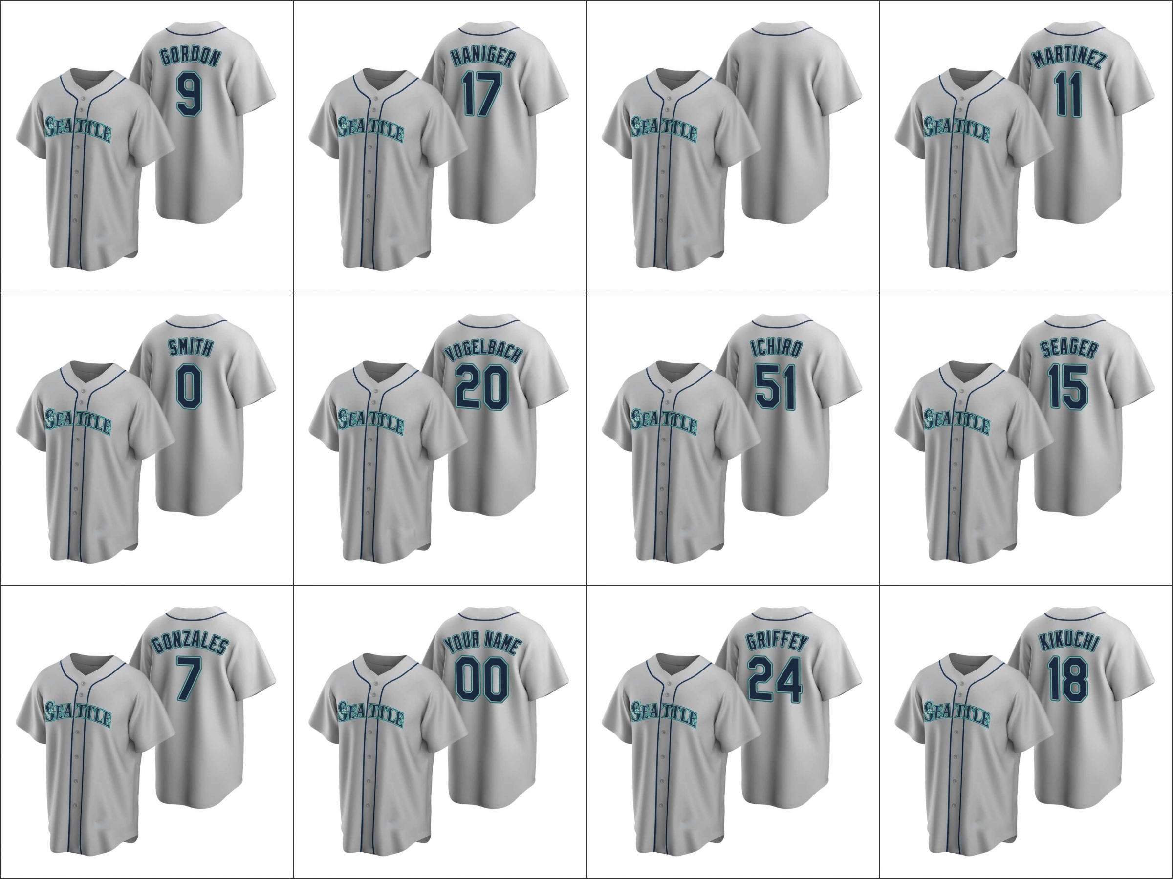Seattle Mariners #24 Ken Griffey Jr. 11 Edgar Martinez 51 Ichiro Suzuki Men Women Youth Custom Gray Replica Road Jersey
Seattle Mariners #24 Ken Griffey Jr. 11 Edgar Martinez 51 Ichiro Suzuki Men Women Youth Custom Gray Replica Road Jersey