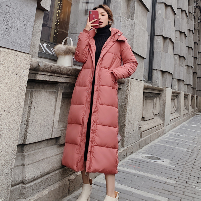 fashion x-long stand collar hooded winter down jacket women solid full sleeve button slit zipper ladies down coat parka female 201019