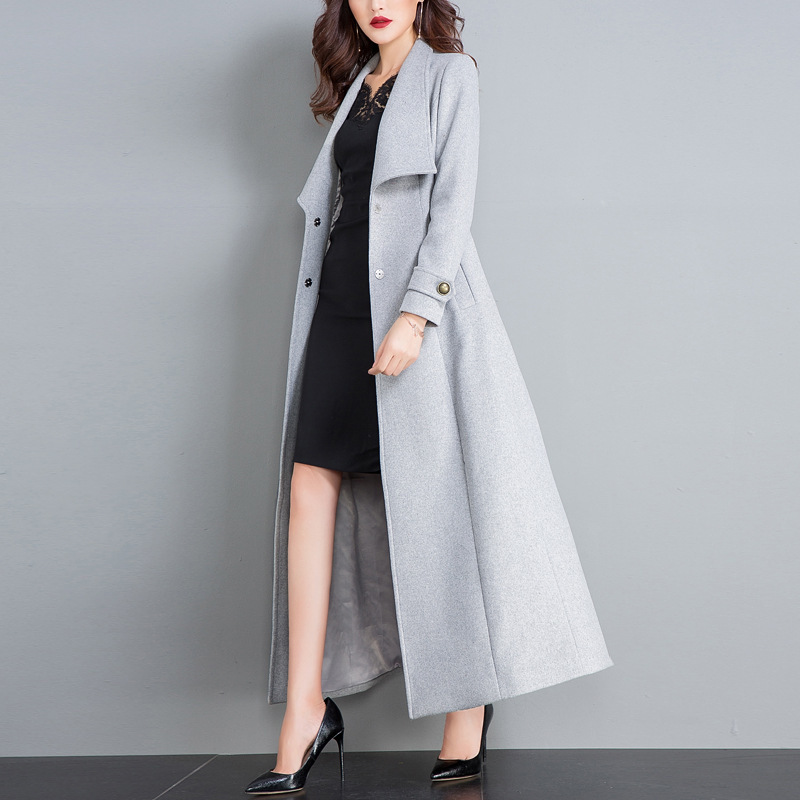 Women Winter Coats Autumn and Winter New Classic Gray Lace Large Size Wool Coat Slim Thin Thick Long Wool Coat Female 201216