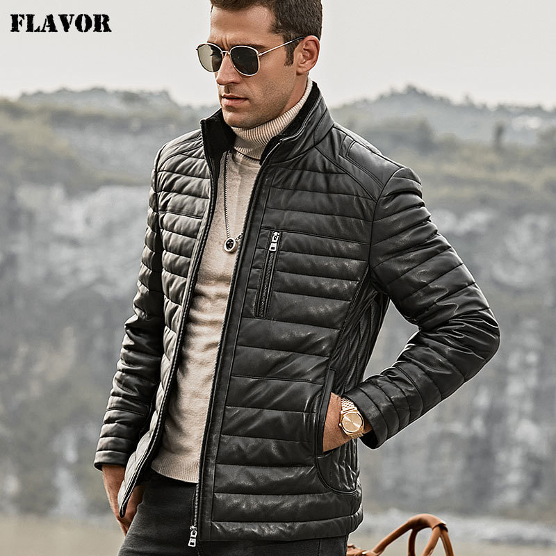 FLAVOR Men's Real Leather Down Jacket Men Genuine Lambskin Winter Warm Leather Coat with Removable Standing Sheep Fur Collar 201128