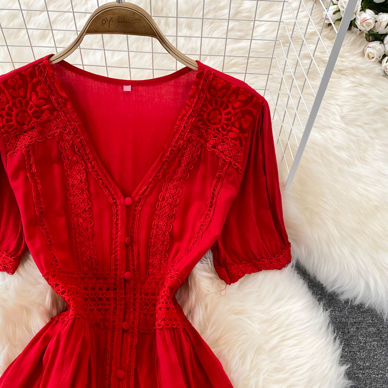 Summer Sexy Black/Red Embroidered Dress Women Elegant V-Neck Short Sleeve High Waist Single Breasted A-Line Vacation Beach Robe 2022