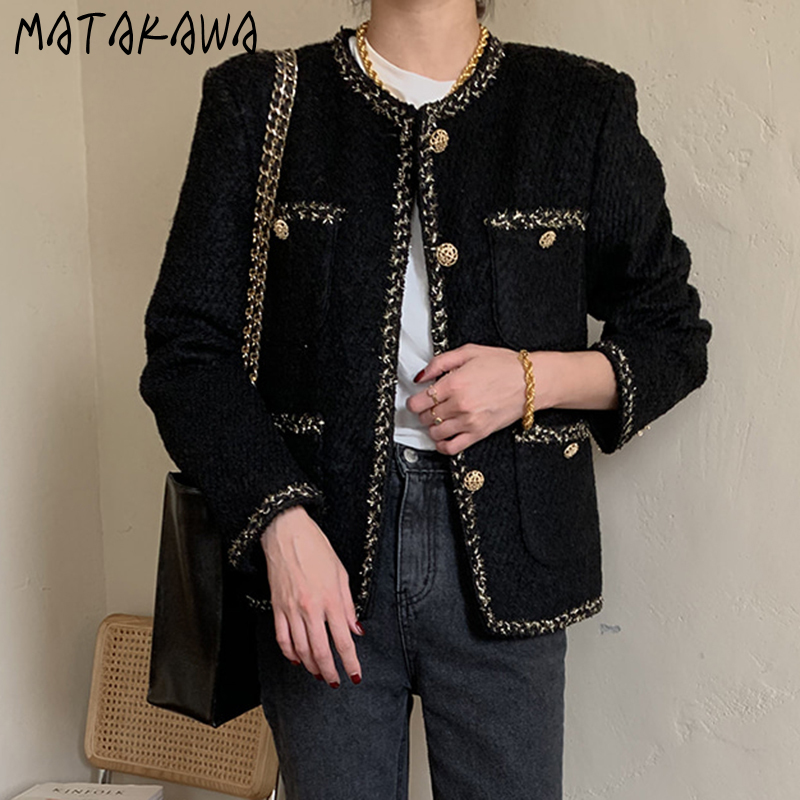 MATAKAWA Korean Round Neck Trim Woolen Coat Woman Single Breasted Loose Multi-pocket Long Sleeve Fall Clothes for Women 201216