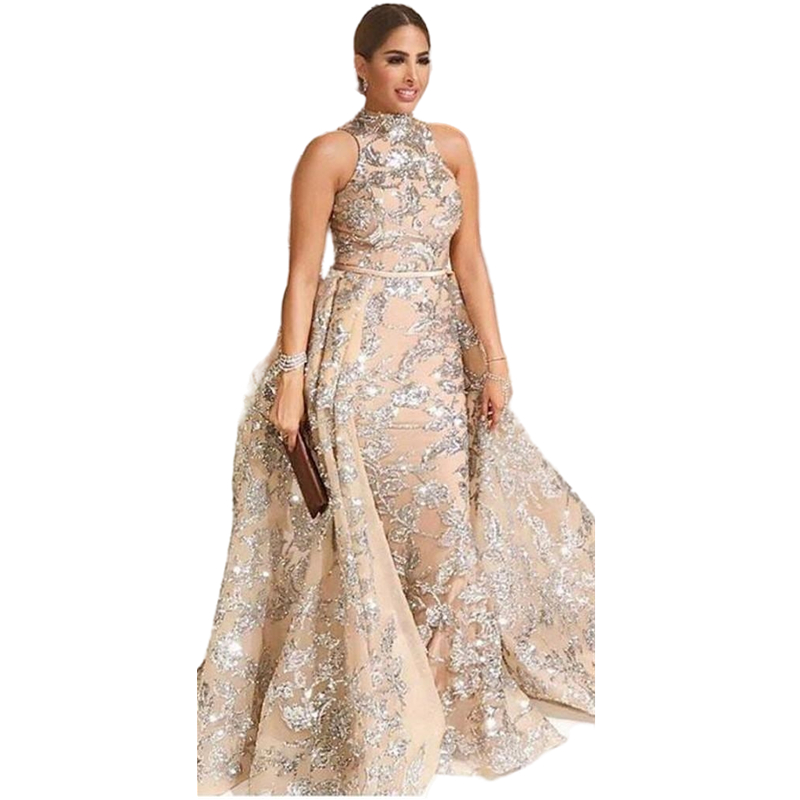 Elegant Champagne Mermaid Evening Formal Dresses Yousef Aljasmi Beaded Sequins High Neck Arabic Prom Party Gowns Detachable Overskirt