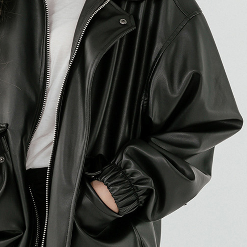 Lautaro Oversized leather jacket women long sleeve zipper turn down collar Loose black plus size faux leather jackets for women 201226