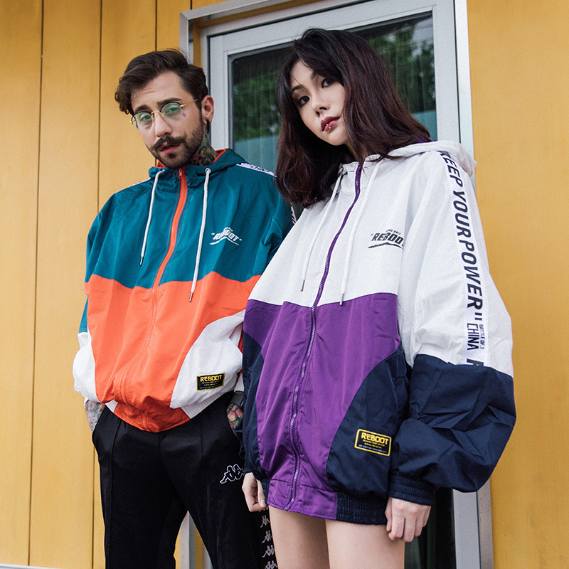 Hip Hop Mens Hooded Windbreaker Jacket Autumn Casual Vintage Color Block Loose Track Hoodie Jacket Coats Streetwear HipHop 201218