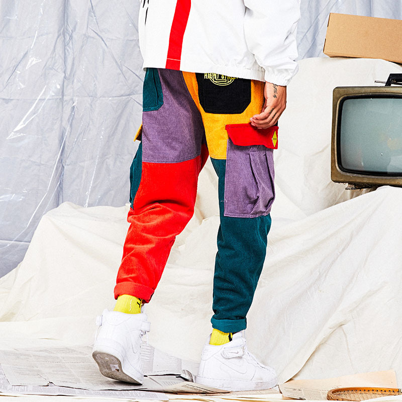 Hip Hip Pants Vintage Color Block Patchwork Corduroy Cargo Harem Pant Streetwear Harajuku Jogger Sweatpant Cotton Trousers 201112