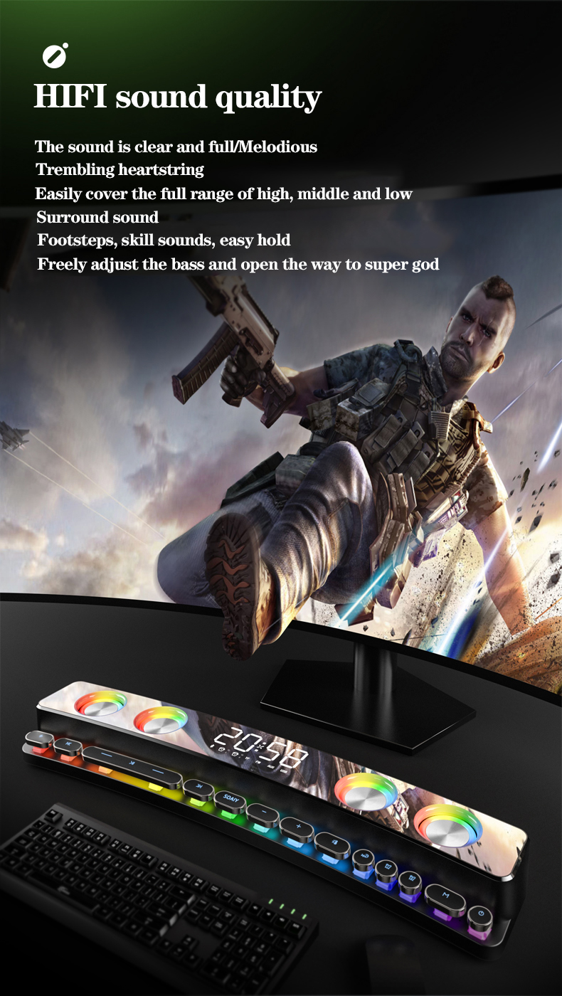 3600mAh Bluetooth Wireless Game Speaker soundbar USB 3D Stereo Subwoofer AUX FM Home Clock Indoor Sound Bar Computer Loudspeaker S