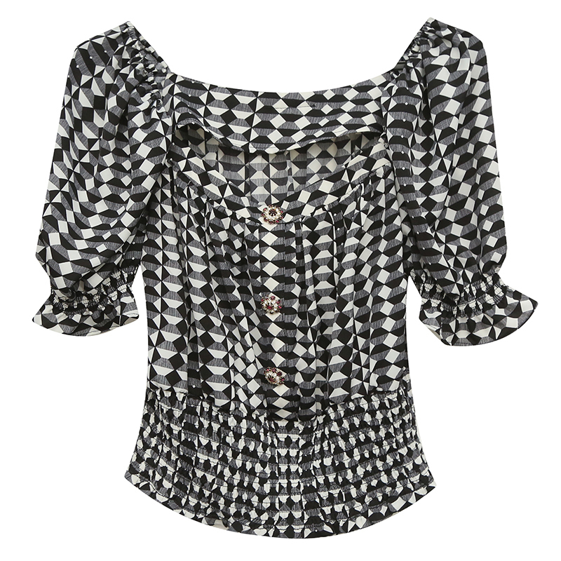 Summer Women's blouse shirt New French Retro Plaid Tops Women's shirt Flavor Shoulder Blusas T200608