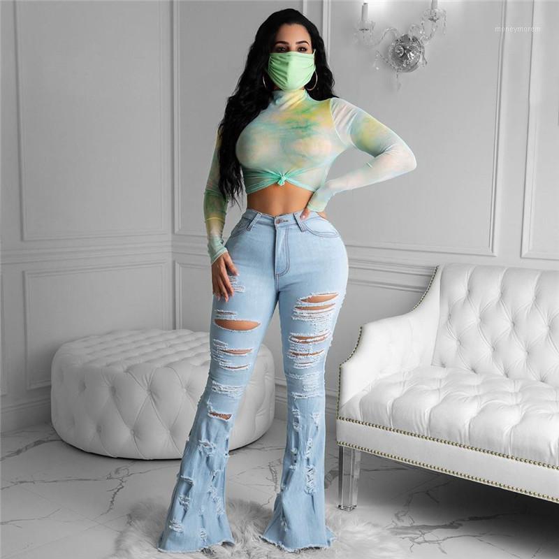 

2020 New Female Fashion Destroyed Jeans Ripped Jeans High Waist Holes Tassels Long Fringed Flared Light Blue Denim Pants -XXXL1, Sky blue