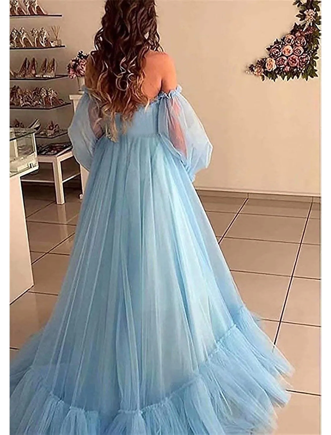 Sky Blue Engagement Prom Dress Off Shoulder Long Puffy Sleeve Floor Length Tulle Formal Party Gown Vestidos Fiesta Robe De Soiree 2024