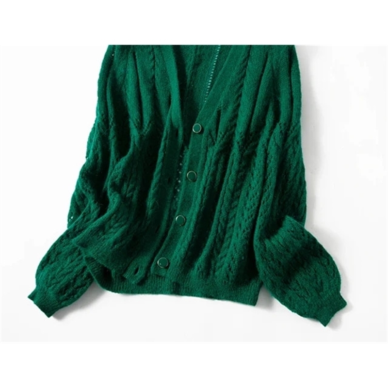 Four Kind Color Women Mohair Knit Sweater V-neck Hollow out Long Puff Sleeve Loose Cardigan Single Breasted Knitwear Coat New 201111wtt