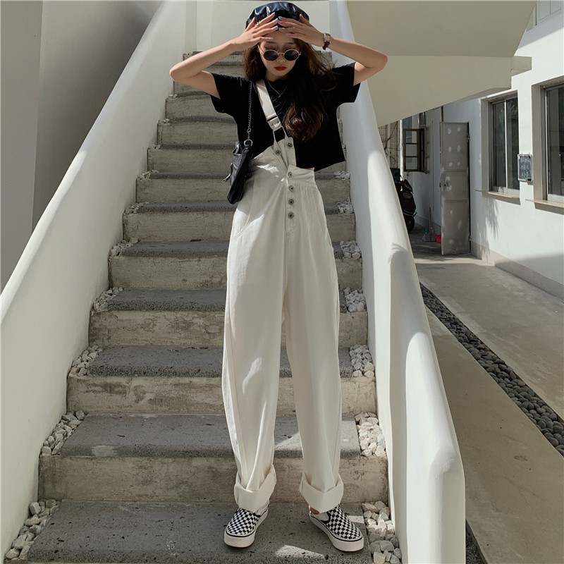 Denim Overalls Jeans Women Jumpsuit White Black High Waist Jeans Mujer Romper Solid Loose Casual Straight Jeans Jumpsuit 201105