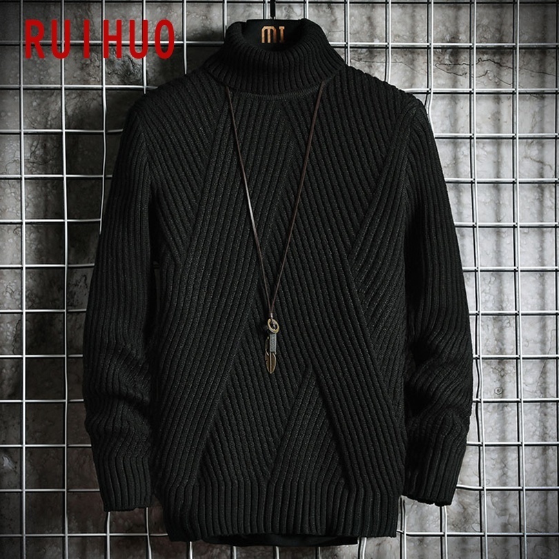 RUIHUO Winter Solid Pullover Turtleneck Men Clothing Turtle Neck Coats High Collar Knitted Sweater Korean Man Clothes M-2XL 201203