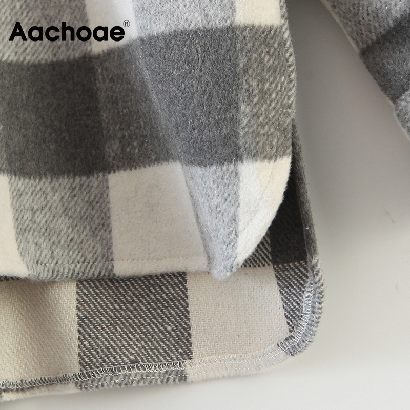 Aachoae Women Vintage Tweed Plaid Shirt Jacket Long Sleeve Single Breasted Coat With Pockets Turn Down Collar Ladies Jackets 201112