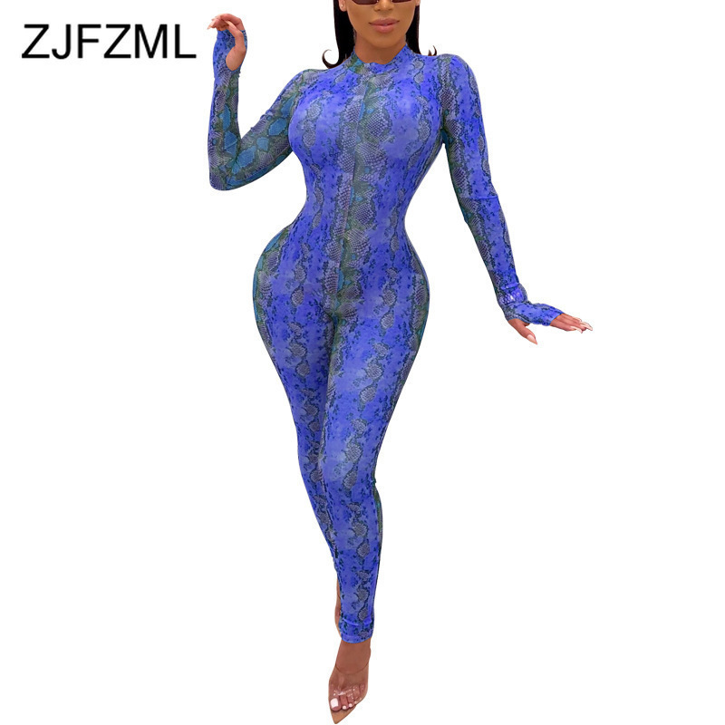 Snake Skin Print Sexy Plus Size Jumpsuit Women Mock Neck Long Sleeve Bodycon Bodysuit Vintage High Waist Night Club Party Romper T200509