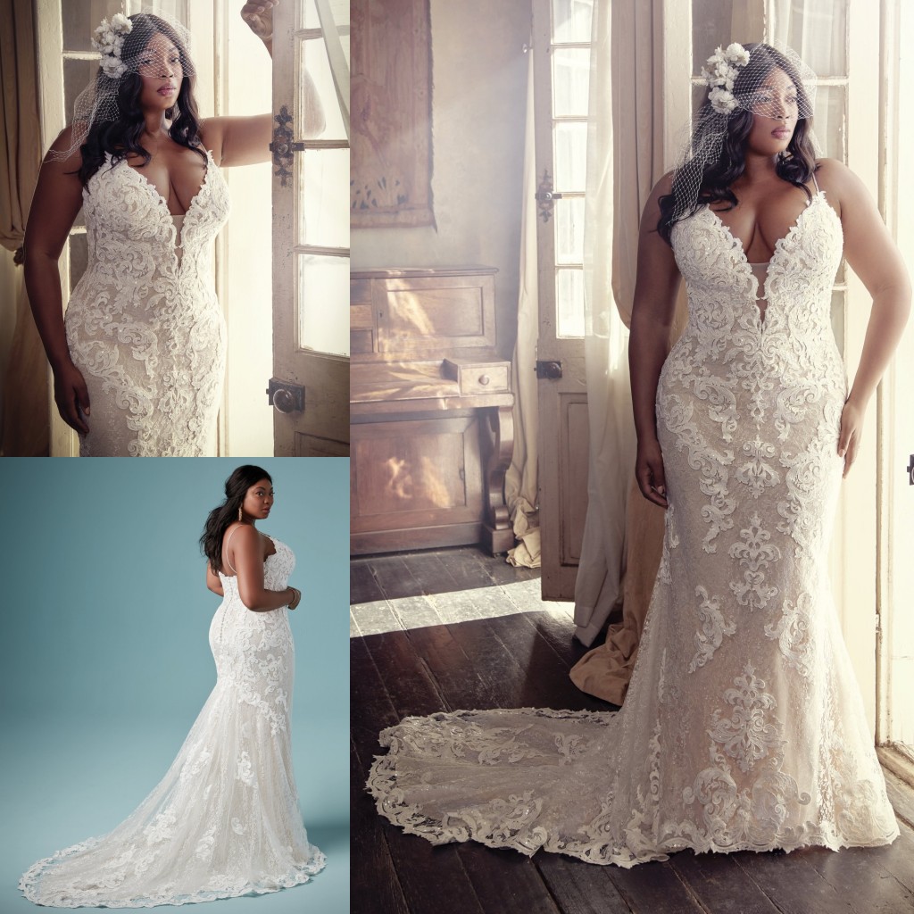 Size Classy Plus Lace Mermaid Wedding Dresses Sheer Plunging Neck Beaded Bridal Gowns Covered Buttons Back Sweep Train Robe De Marie