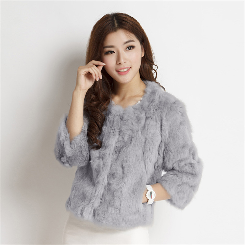 Ethel Anderson Women's Real Rabbit Fur Coat Natural Rabbit Fur Classic O-Neck Fashion Slim Thin Rabbit Fur Coat T200319