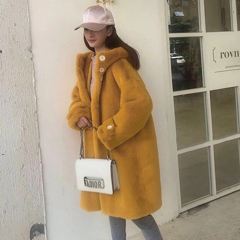 Winter Women Plush long Coats warm thick Faux Rabbit Fur hooded Coats High Quality Long Fur Coat Korean big size loose OverCoat 201110