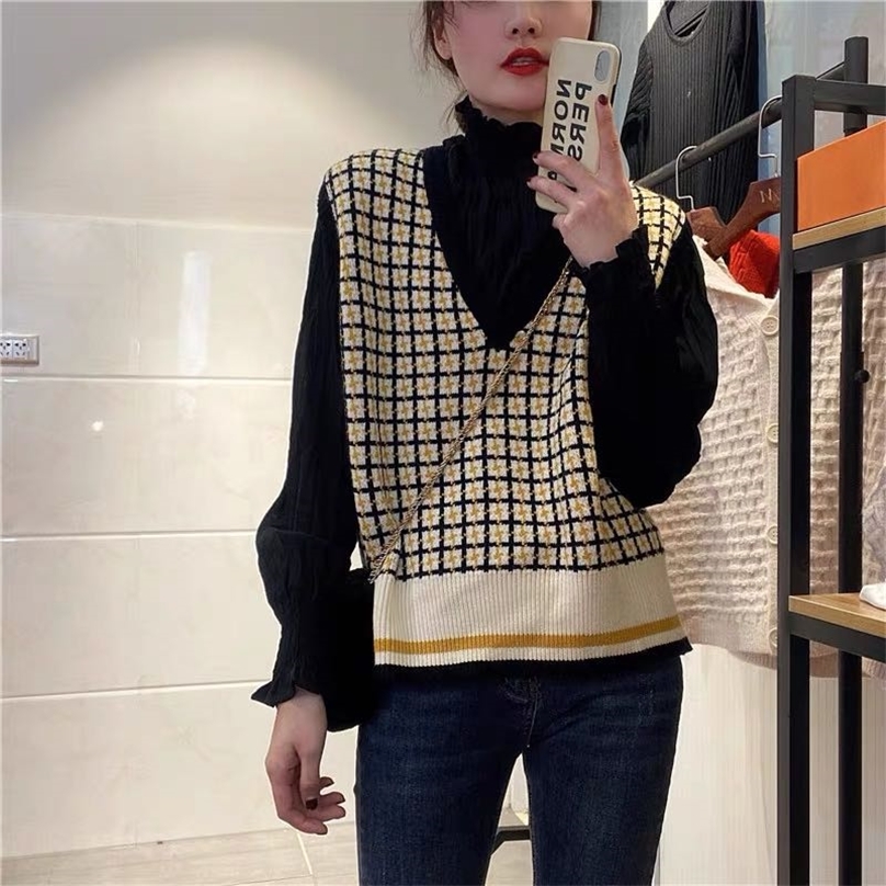 Women Sleeveless Pullover Winter Korean Style Vintage Geometric Plaid V Neck Soft Wool Sweater Vest Knitted Waistcoat T516 201225