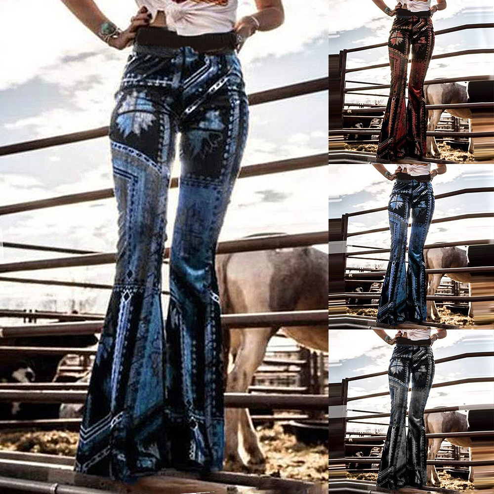 CYSINCOS Fashion Women Pants Flared Legged Bell Bottom Sexy Skinny Boho Floral Print Pants Stretch High Waist Boot Cut Pants 201111