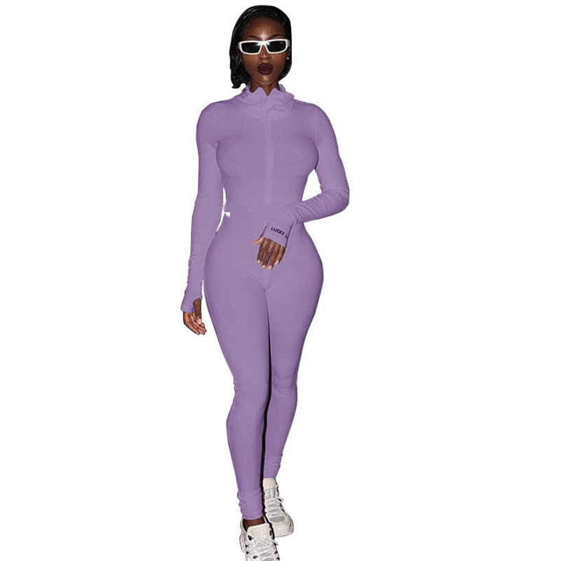 Streetwear Zipper Knitted Sexy Bodycon Lucky Label Jumpsuit Women Overall Long Sleeve Skinny Rompers Womens Jumpsuit Female