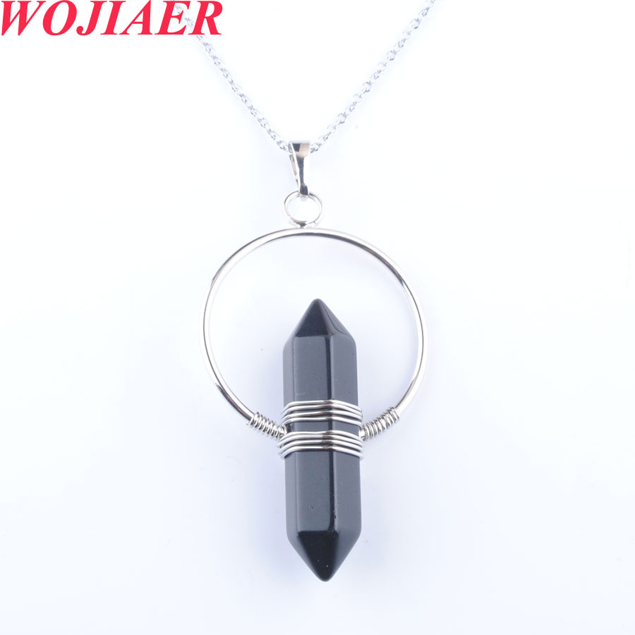 WOJIAER Natural Crystal Gem Stone Hexagonal Pillar Pendant & Necklace Amethysts Tigers eye Winding Women Jewelry DBO908