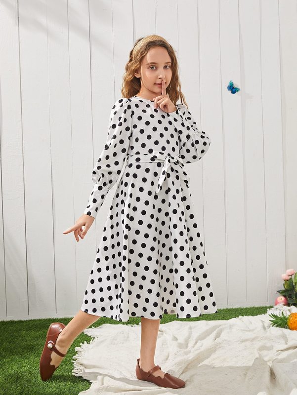 Girls 1Pc Polka Dot Belted Lantern Sleeve Dress SHE