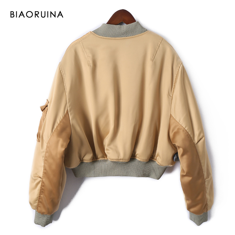 BIAORUINA Women Khaki Patchwork Smooth Thick Short Jacket Female Autumn Winter Bomber Jacket Stnad Collar Oversized Coat 201023