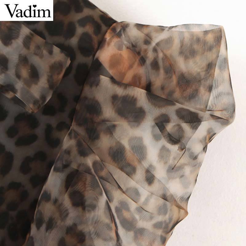 women Organza leopard print blouse long sleeve animal pattern bow tie cute shirts female see through tops blusas LB564 T200320