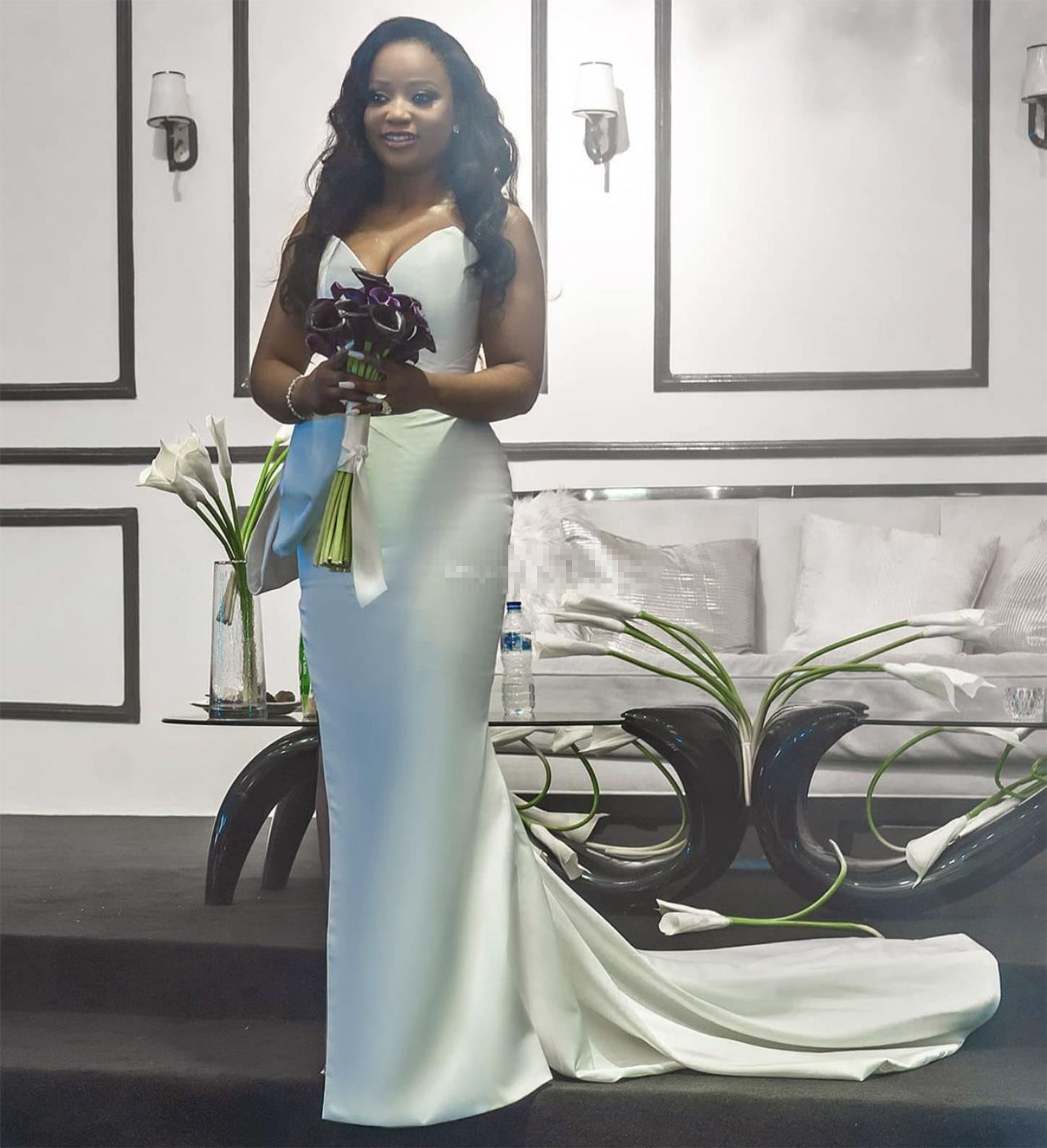 Simple Satin Dresses Side Slit Sweetheart Necke Sweep Train Peplum Bow Custom Made African Wedding Gown Vestido De Novia